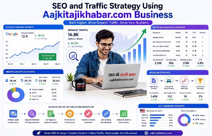 seo strategy for aajkitajikhabar.com business traffic growth